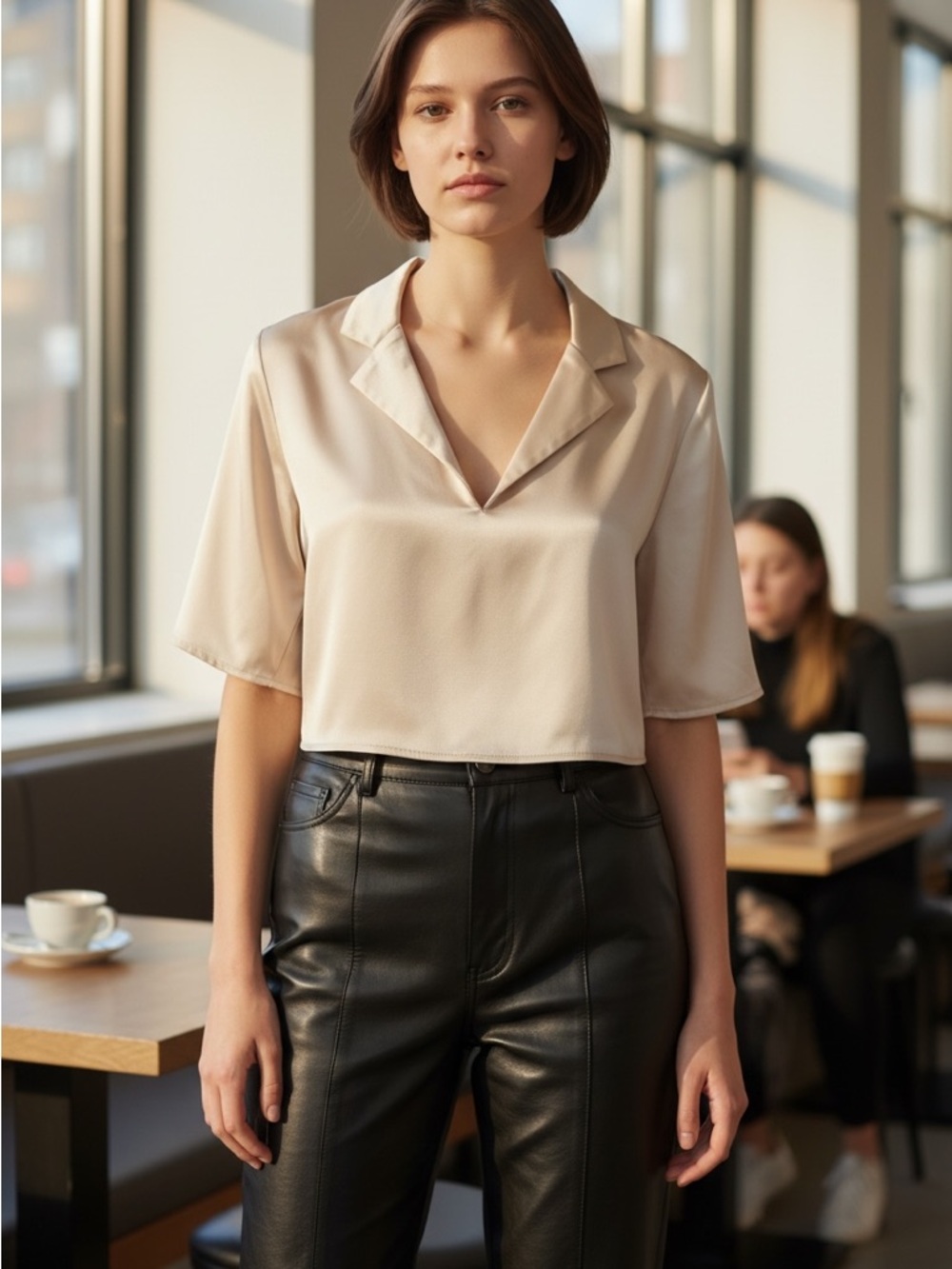 Ro & De Cream Satin Short Sleeve V-Neck Blouse